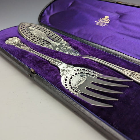 Late 19th century British antique silver plate fish server set in box Levesley Brothers